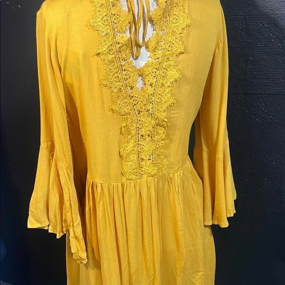 Umgee USA Yellow Mustard Crochet Lace Bell Sleeve Boho‎ Tunic Dress